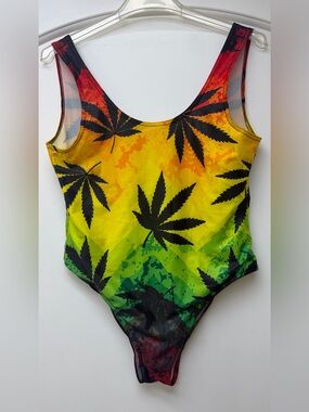 Rasta Gradient Leaf One-Piece Swimsuit - Yellow/Green/Red - Large